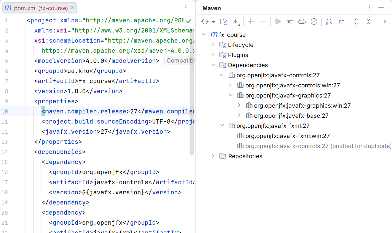 JavaFX 27 among the Maven project's dependencies