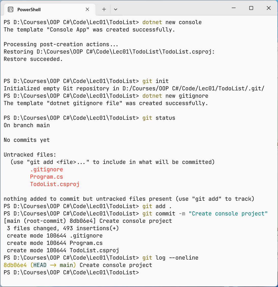 Creating a repository and the first commit in Windows Terminal