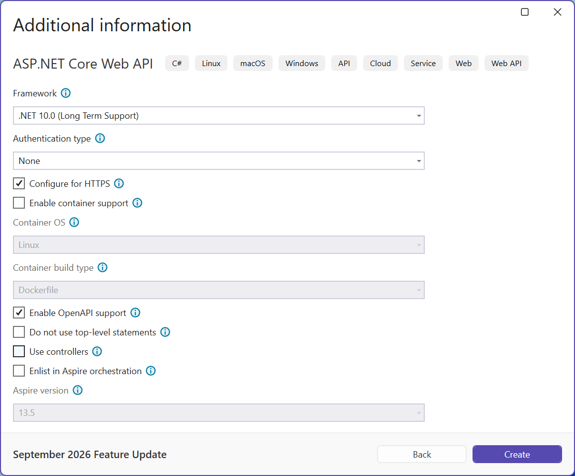 New ASP.NET Core Web API project settings