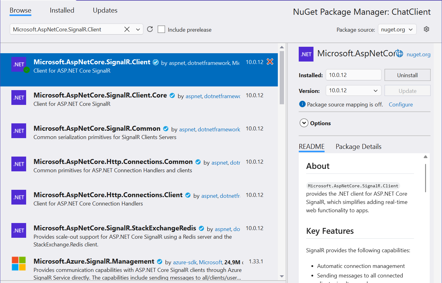 Встановлення пакета Microsoft.AspNetCore.SignalR.Client