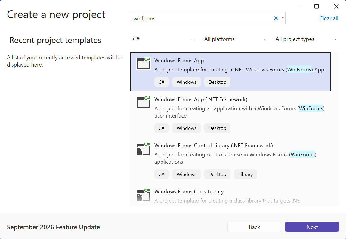 Вибір шаблону Windows Forms App
