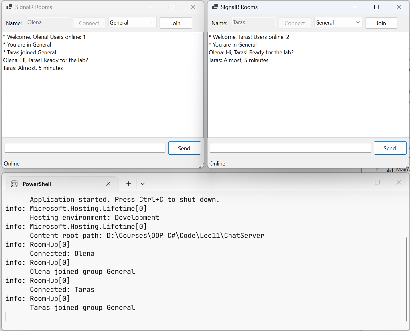 Two Windows Forms clients in the General room and the server log