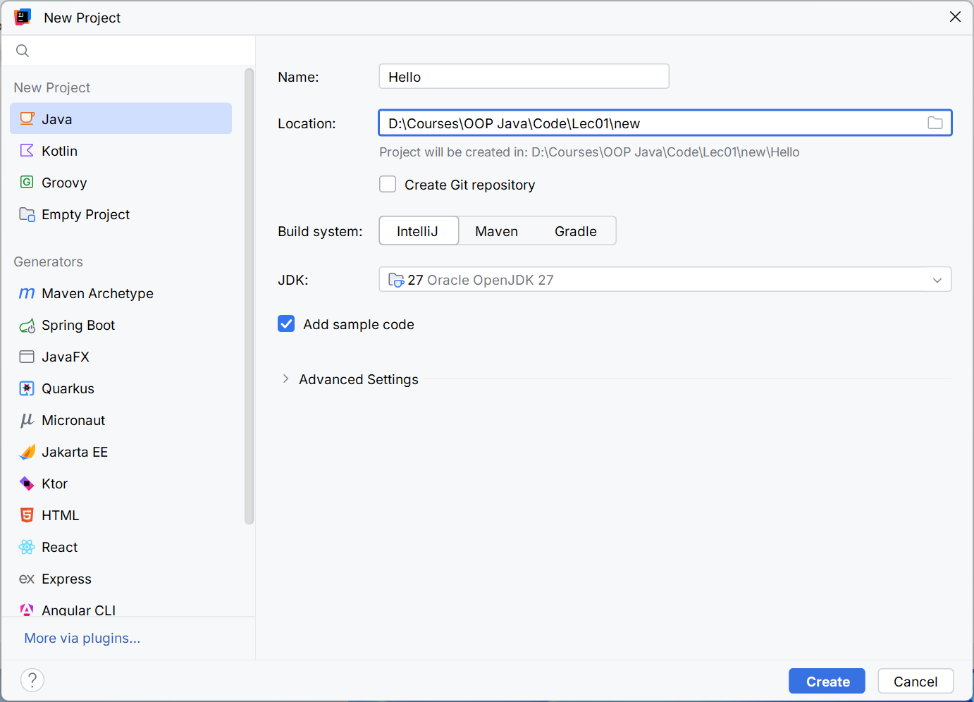 Creating a Java project with JDK 27