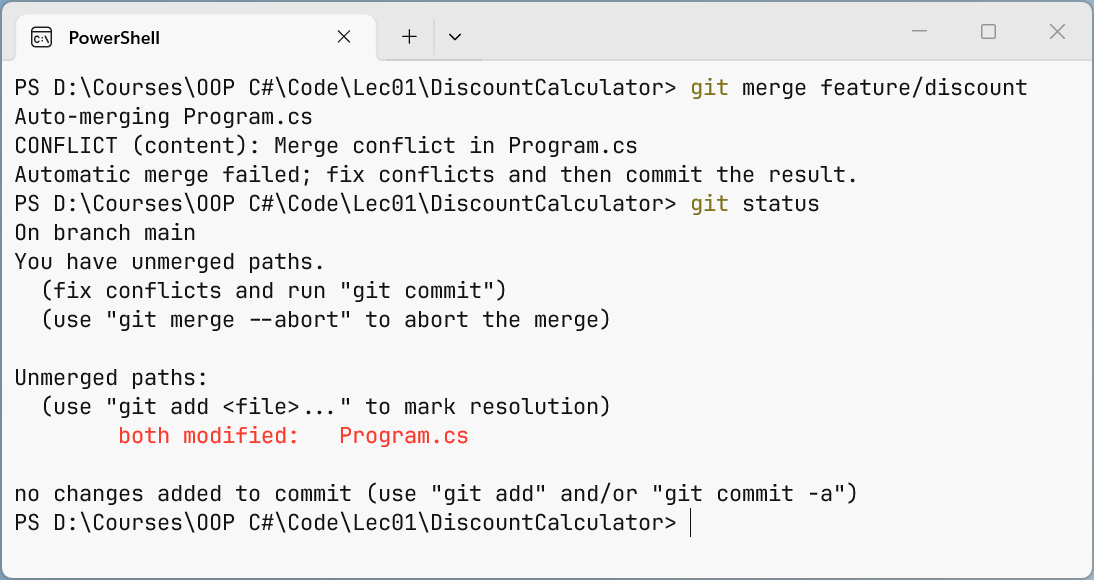 Merge conflict message