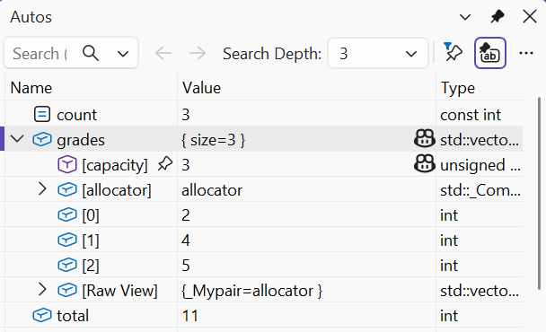 A breakpoint and the computed values