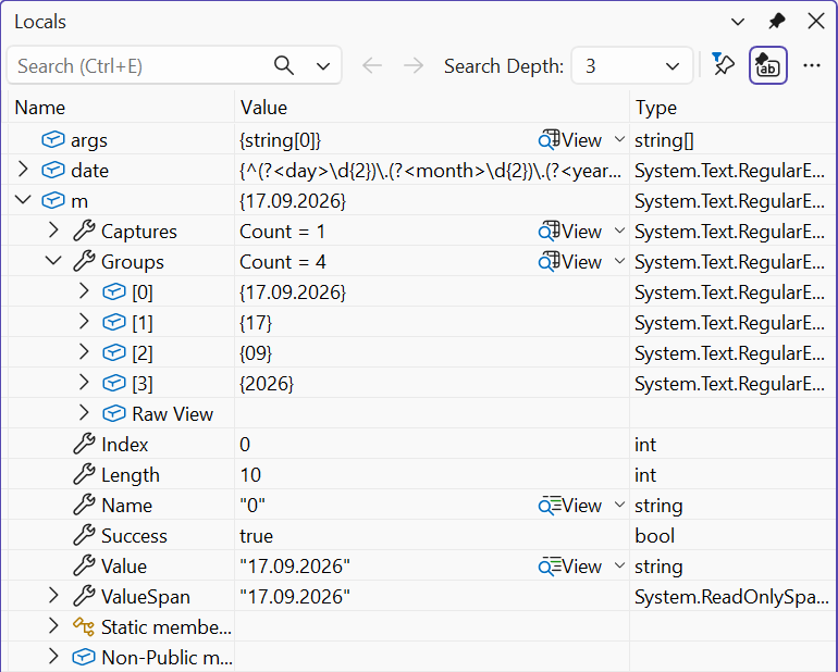 Match groups in the debugger's Locals window