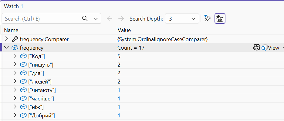 A dictionary in the debugger