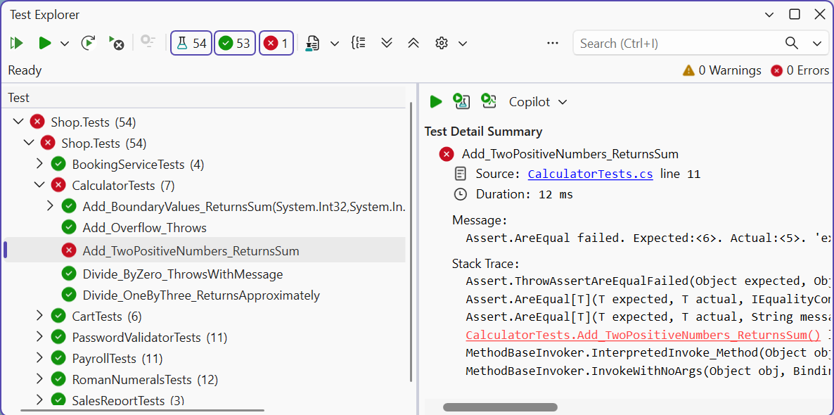 Results in the Test Explorer window