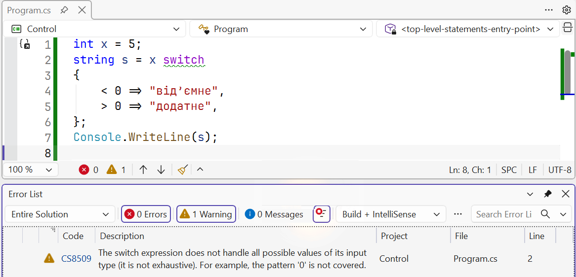 Warning about a non-exhaustive switch expression