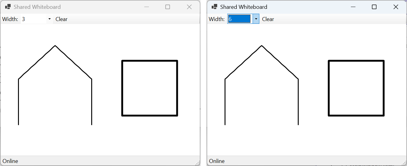 The "Shared whiteboard" application in two windows