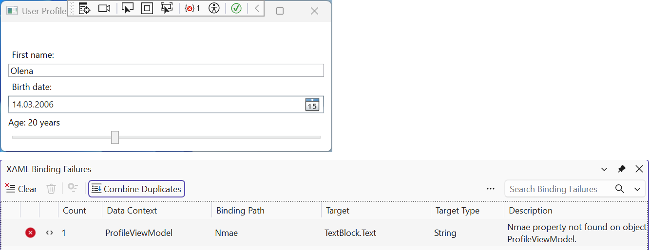 The XAML Binding Failures window