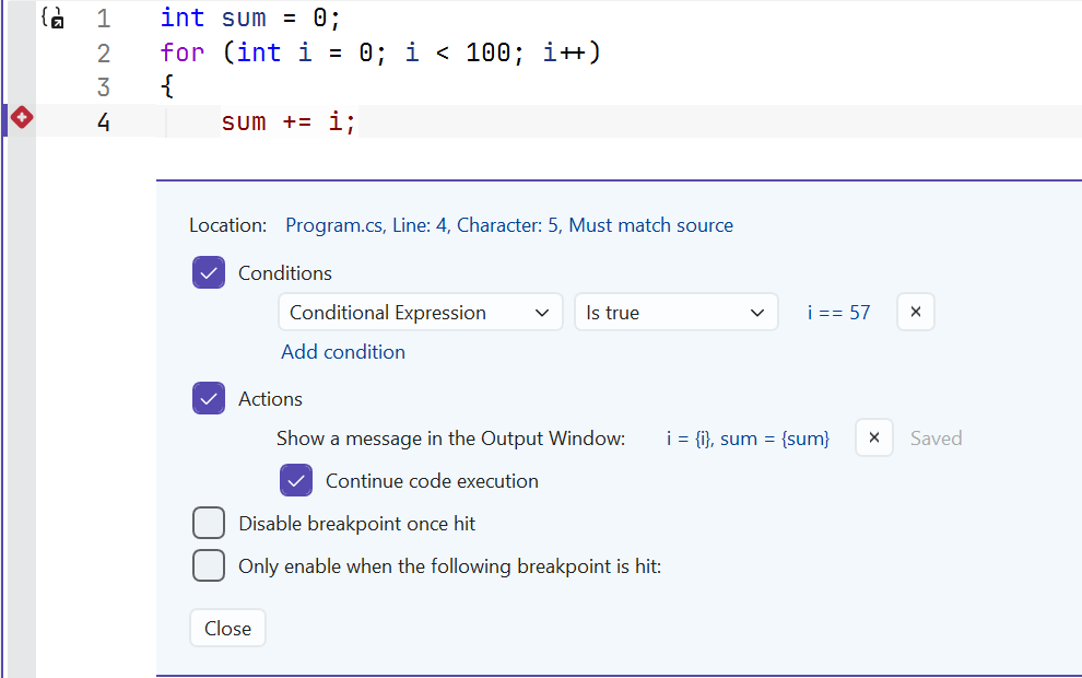 Configuring a conditional breakpoint