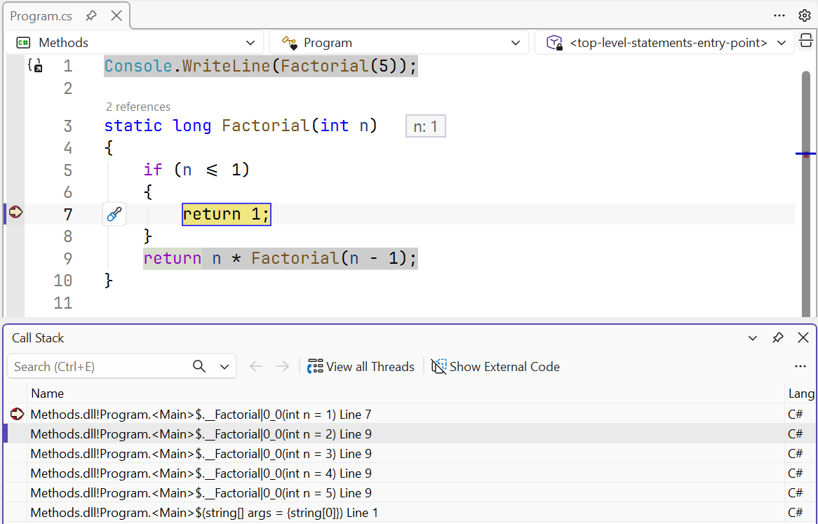 The Call Stack window during recursion
