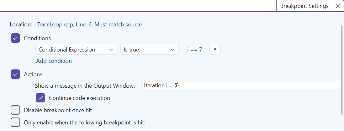 A conditional breakpoint and a trace action