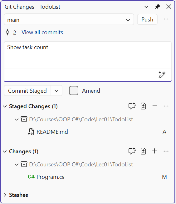 The Git Changes window