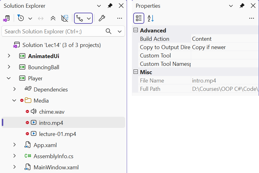 Media file settings in the Properties window