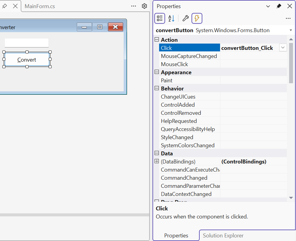 Button events in the Properties window