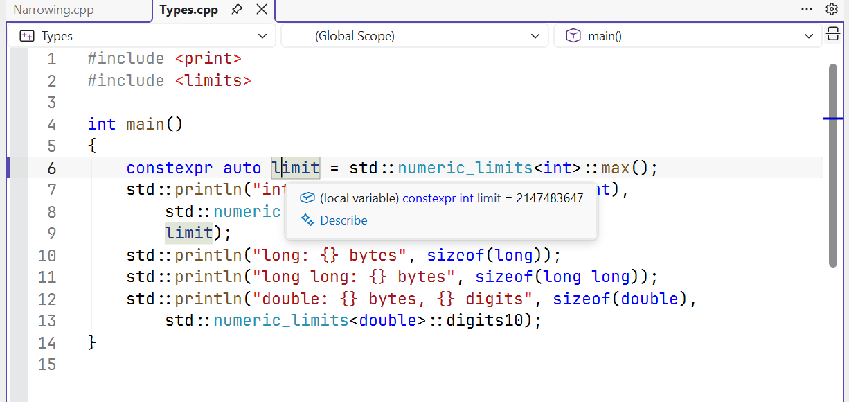 Tooltip showing the type and value of a constant expression