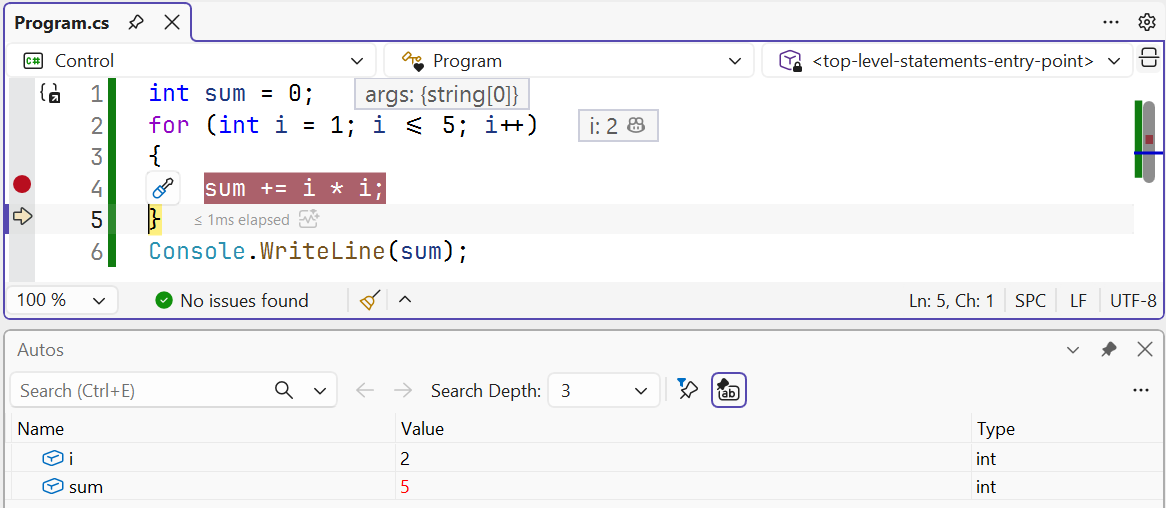 Stepping through a for loop in the debugger