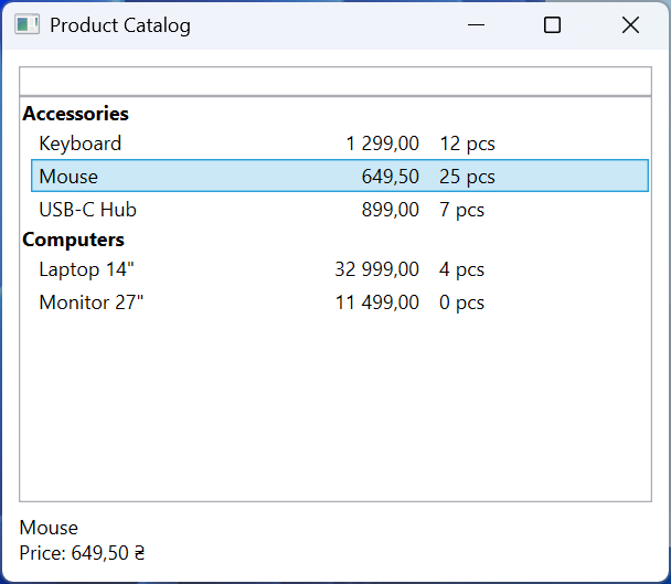 A product catalog with filtering and grouping