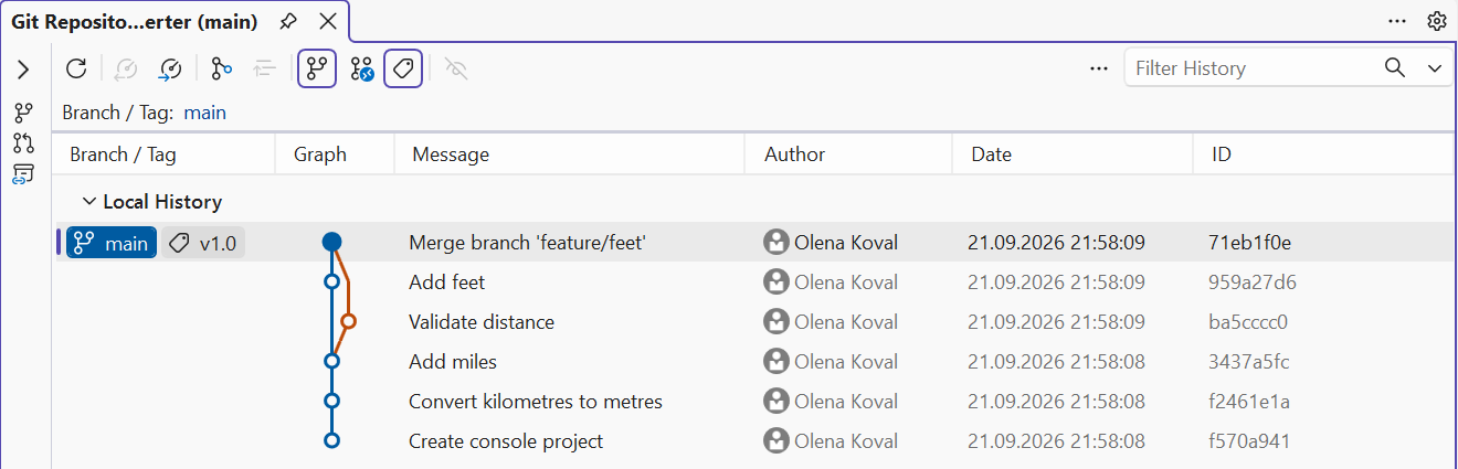 Commit history in the Git Repository window