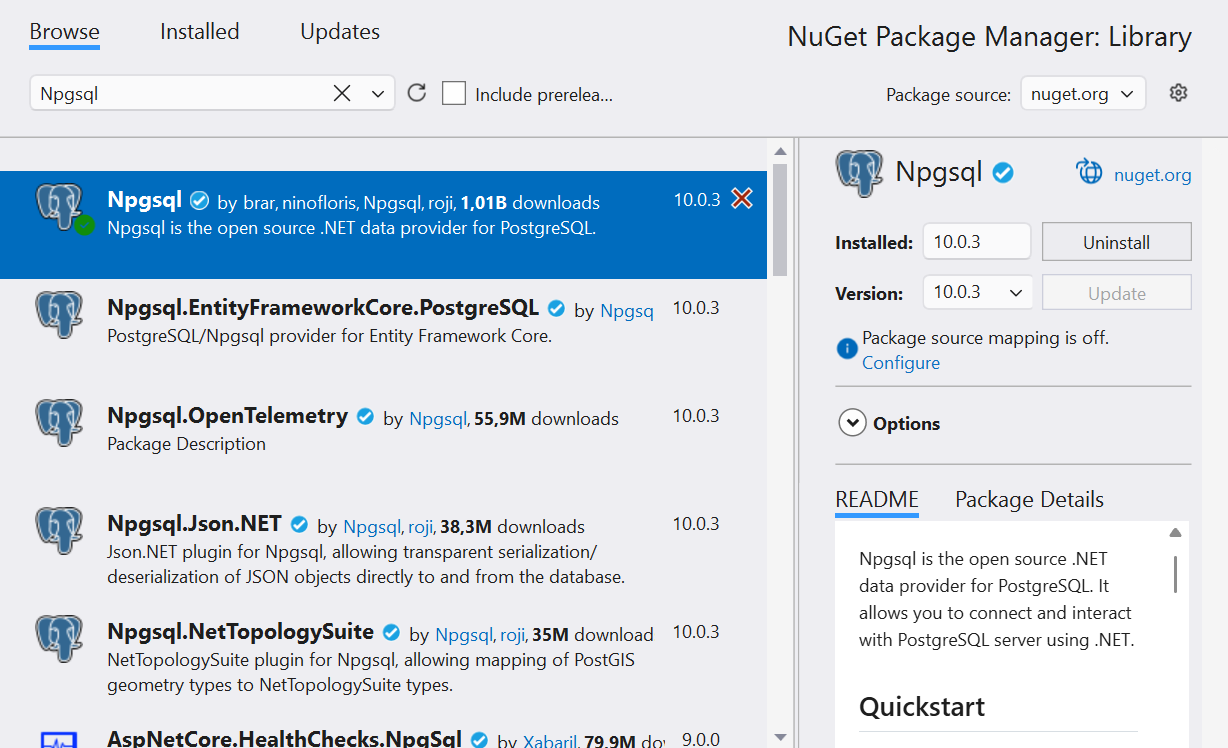 Installing the Npgsql package in Visual Studio