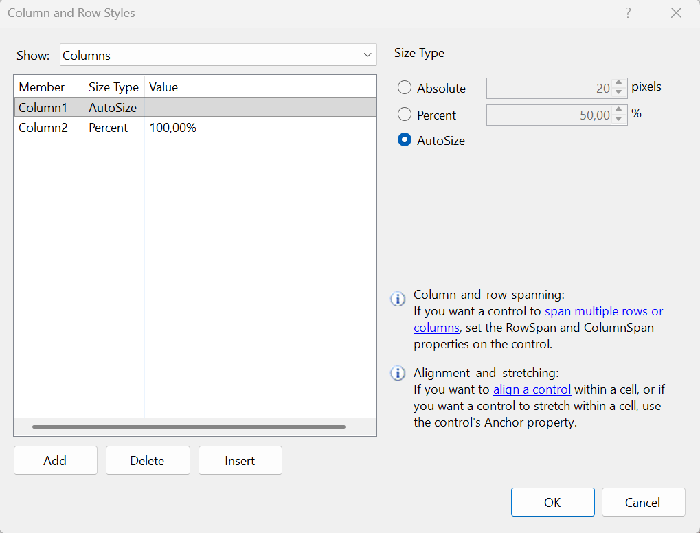 Configuring the rows and columns of a TableLayoutPanel