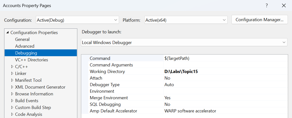 The working directory during debugging