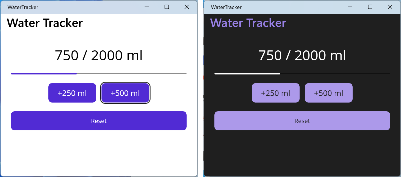 The "Water tracker" application in the Windows light and dark themes