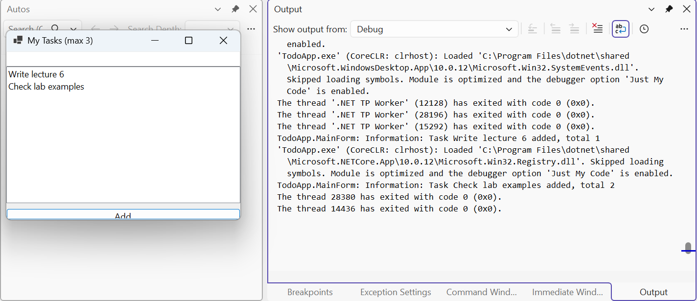 A Windows Forms application with a host and the log in the Output window