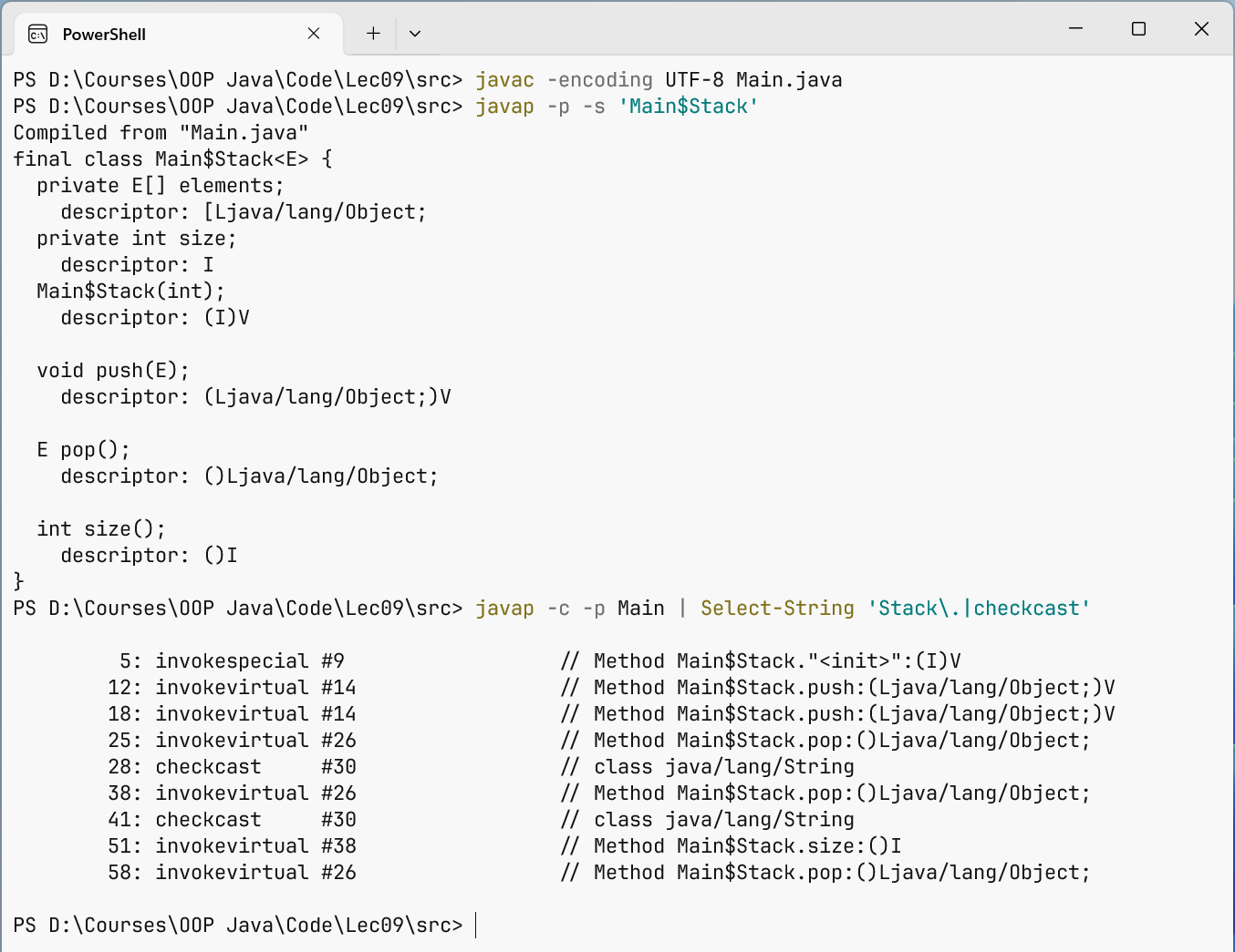 Javap shows erased signatures and inserted casts.