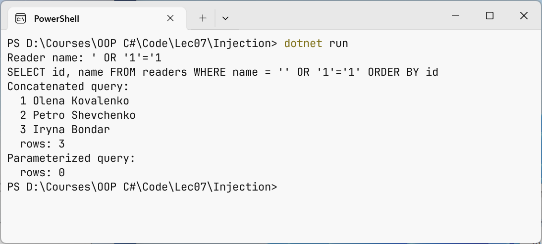 SQL injection and a parameterized query