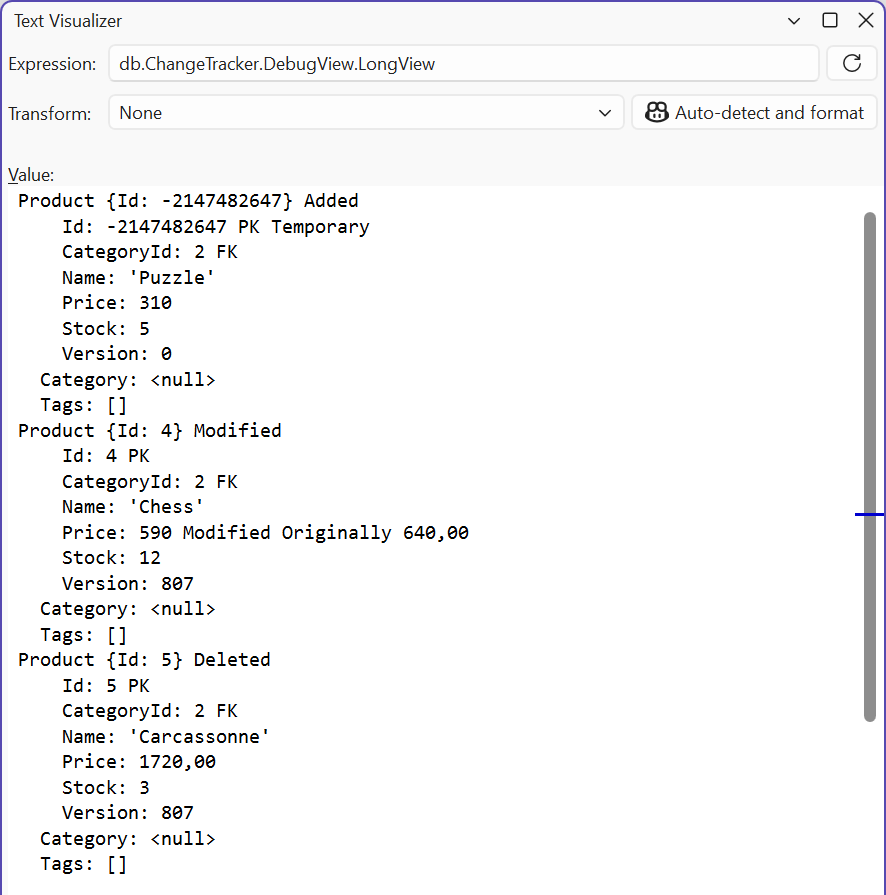 The change tracking state in the debugger