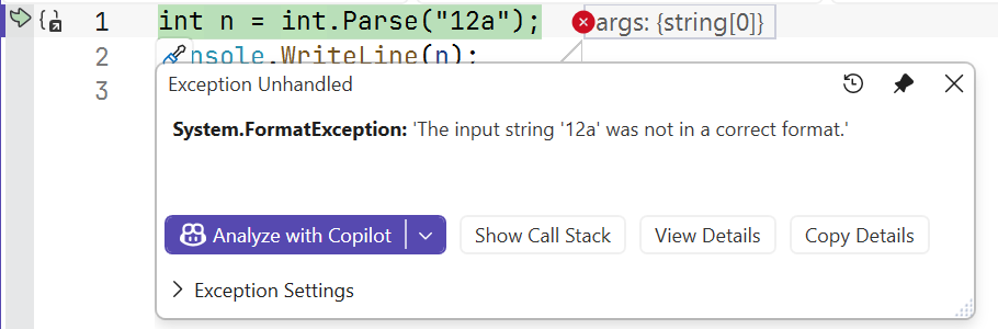 An unhandled exception in the debugger