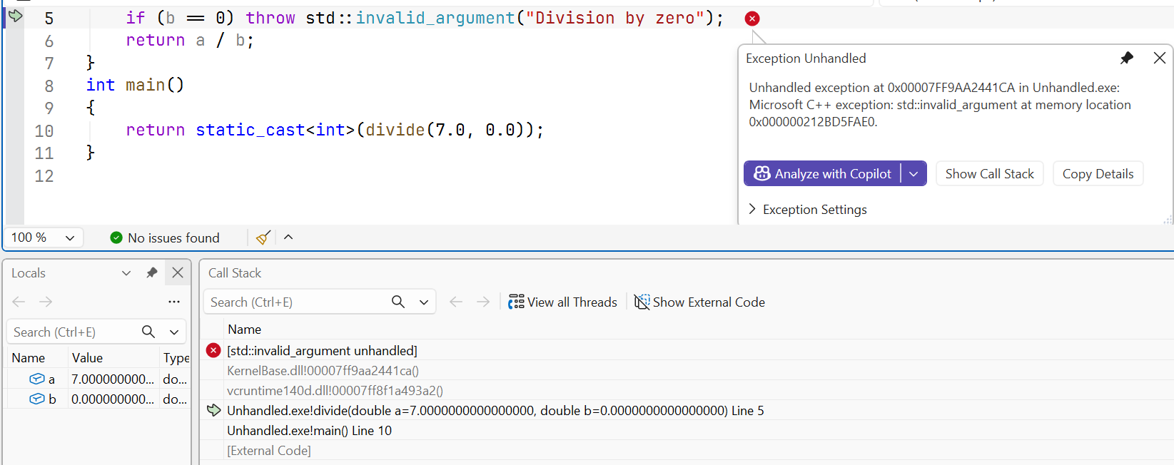 Stopping on an unhandled exception