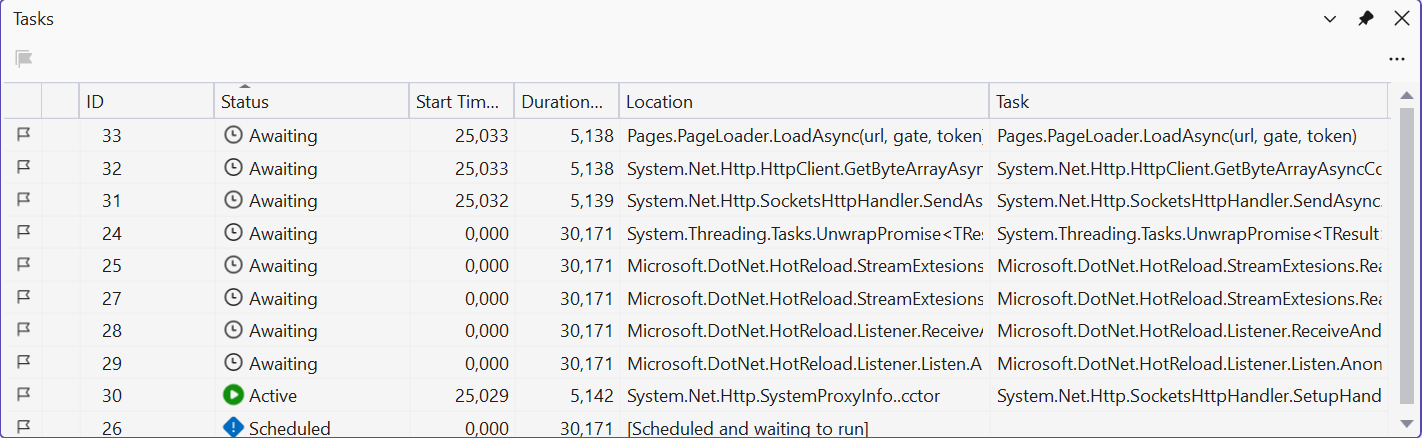 The Tasks window during debugging