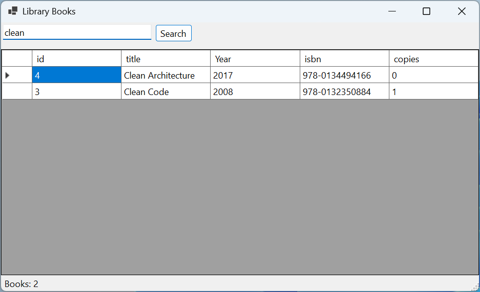 The "Book Browser" application with PostgreSQL data