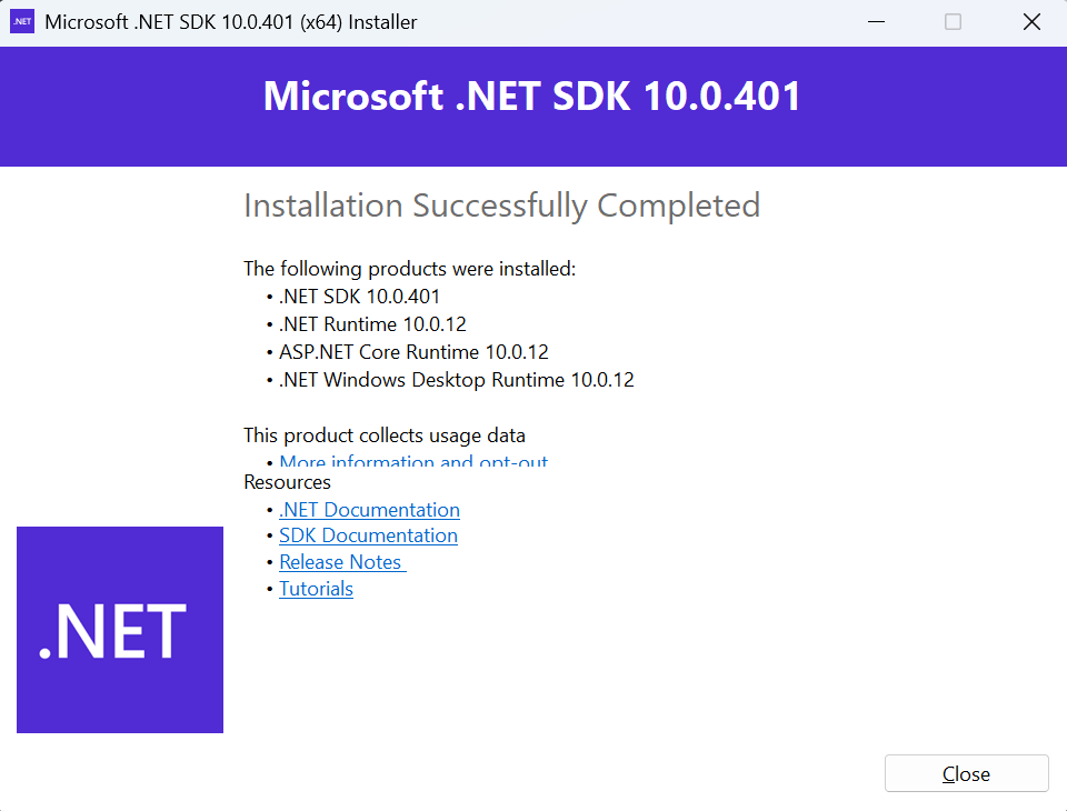 Completed .NET SDK installation on Windows