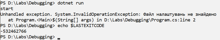 An unhandled exception in the terminal