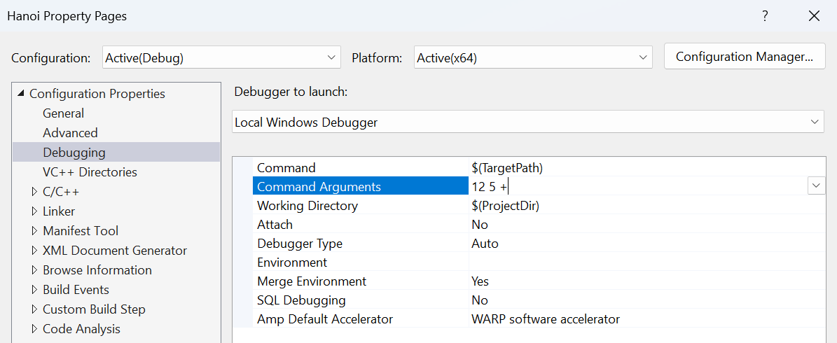 Passing arguments in Visual Studio