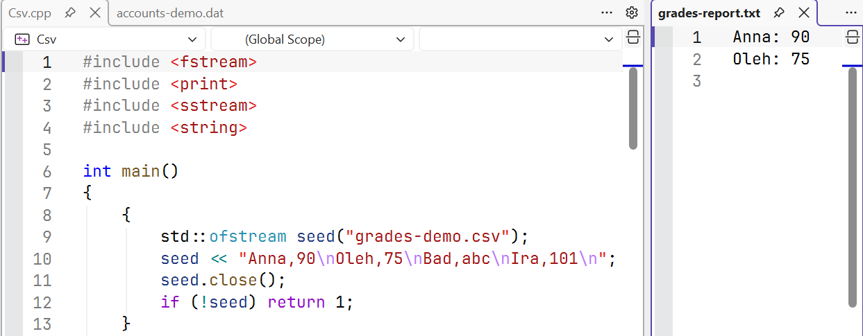 The generated text report next to the code