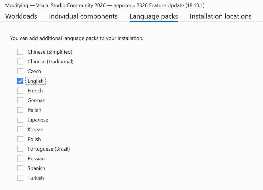 Selecting the English language pack