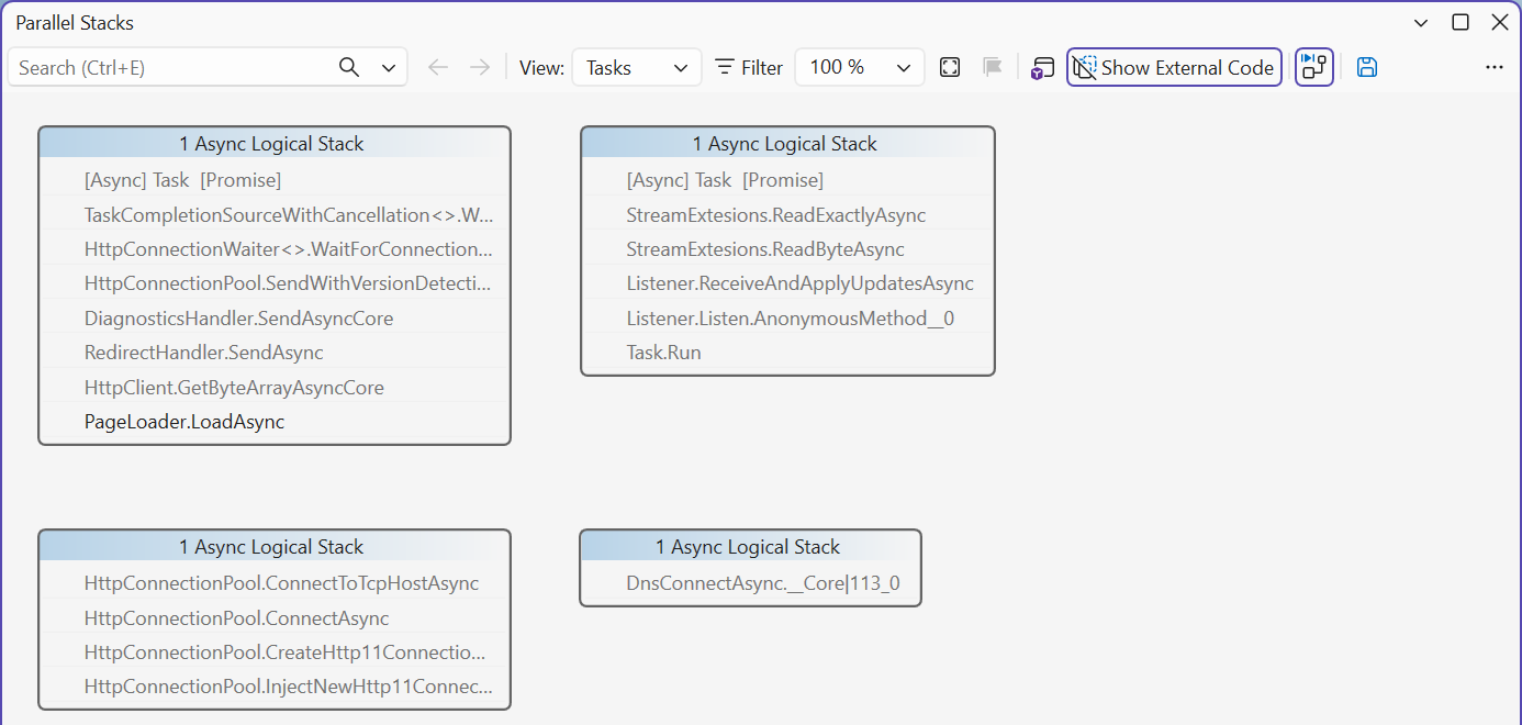 The Parallel Stacks window in Tasks mode