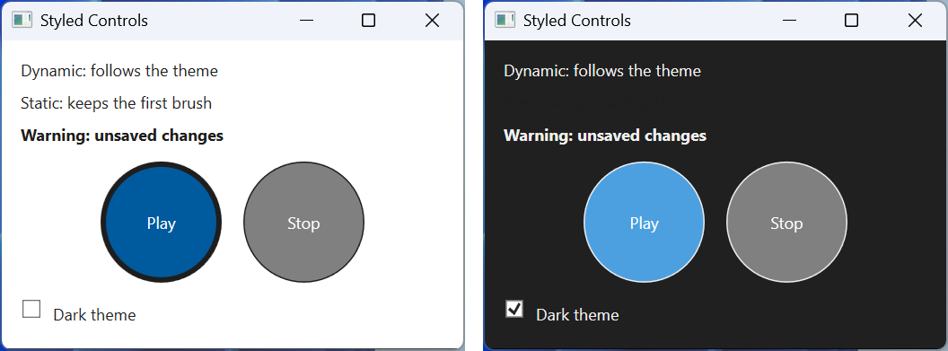 Styled controls in the light and dark themes
