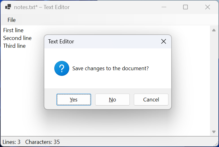 The question about saving changes in the text editor