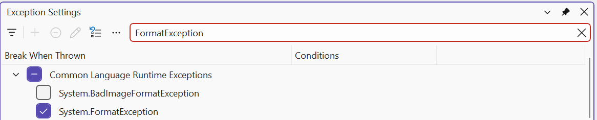 The Exception Settings window
