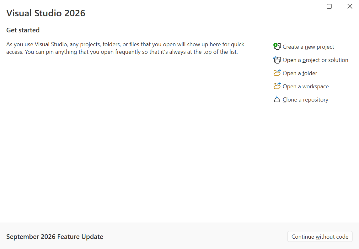 The Visual Studio start window