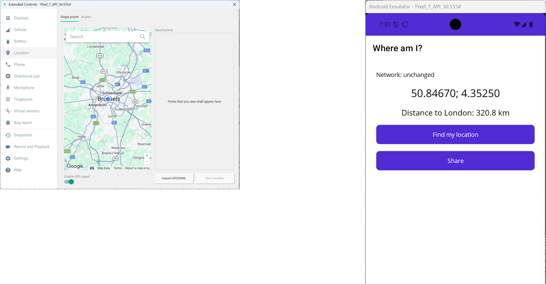 Simulating coordinates in the emulator's extended controls
