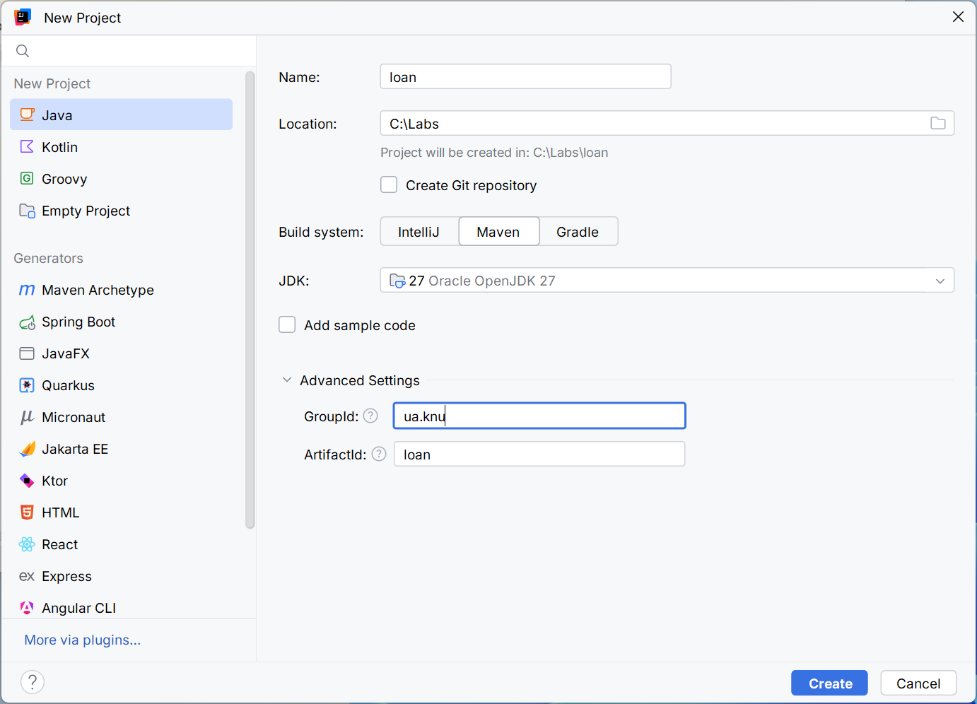 Choosing Maven and the JDK when creating a project