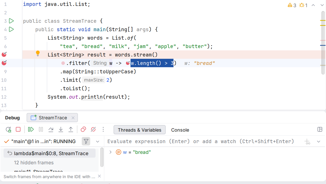 Observing the elements of a pipeline: a breakpoint in the filter lambda